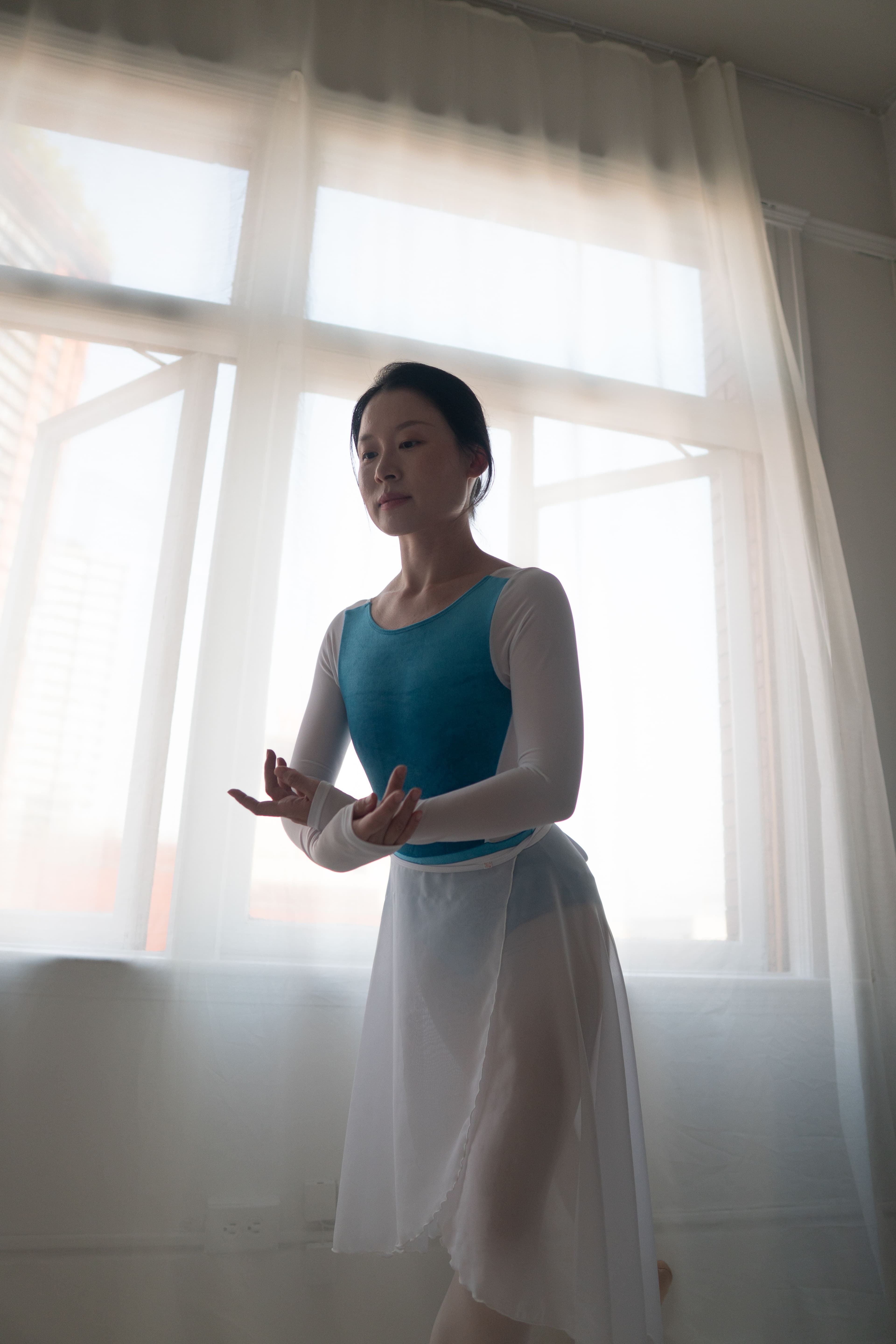 Élégance Leotard — Blue Velour with White Mesh